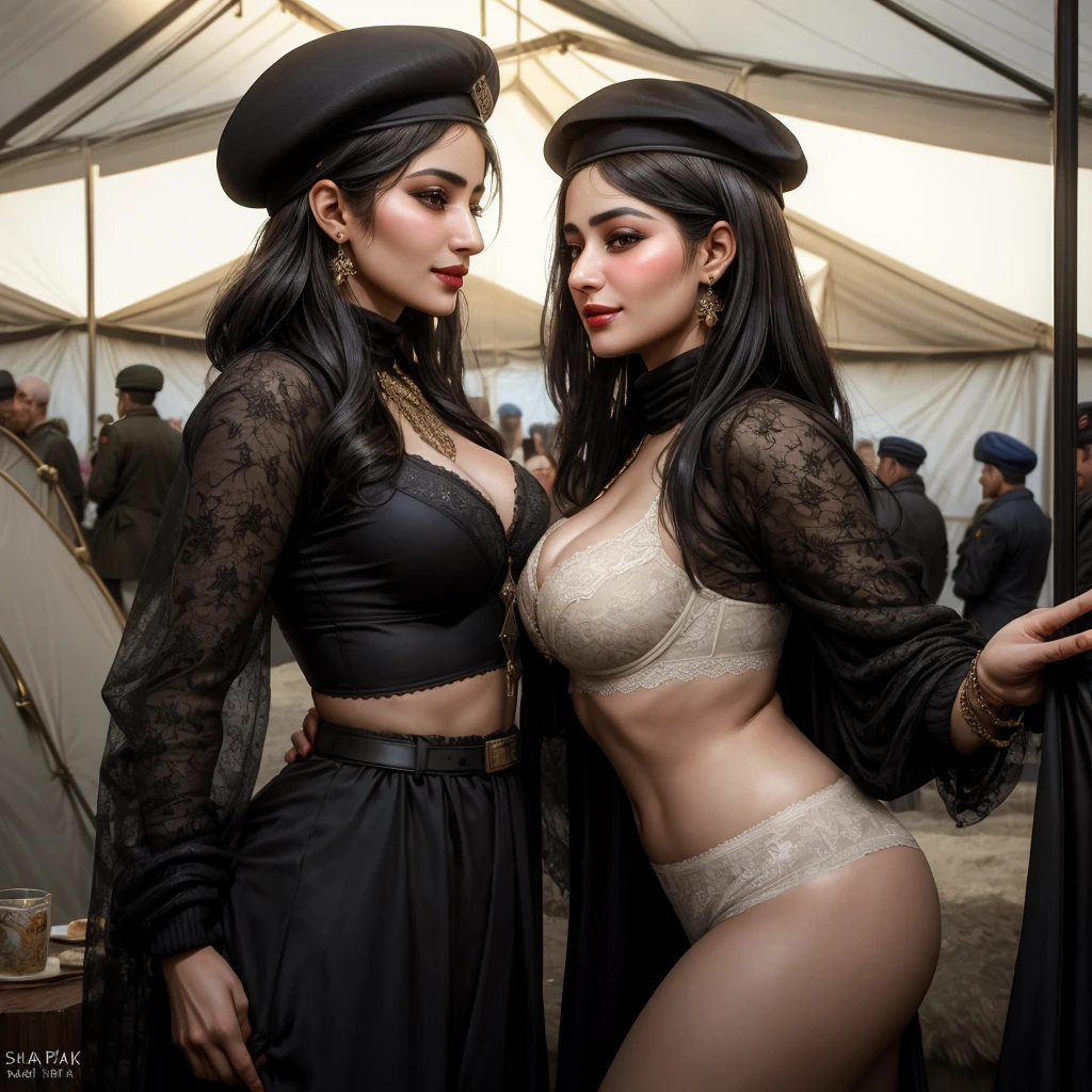 Afghan sexy, 2 girl, (42 years old), in the military tent, shapely, bra, beret, pleased expression, (from front view), (masterpiece, best quality, highly detailed, hyper realistic) 