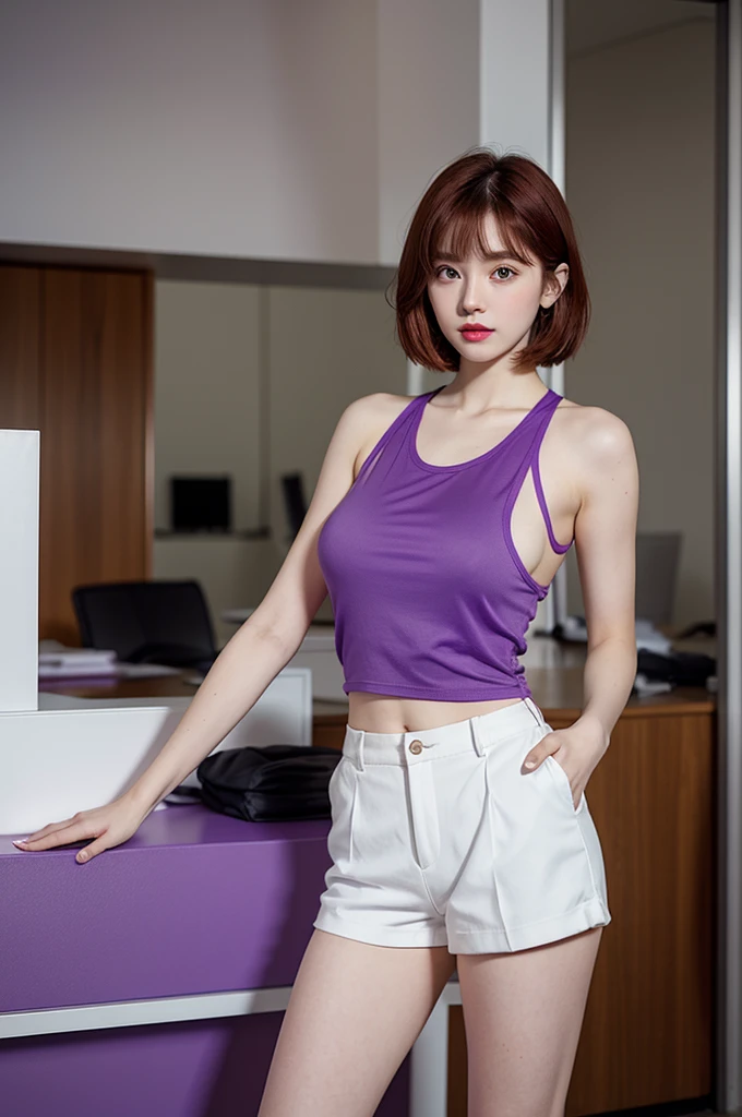 (best qualtiy,8k,32K,tmasterpiece,,realisticlying,The is very detailed, hyper HD:1.2),1girll, Female celebrities,Exquisitehands, a narrow waist,Purple top,Open jacket,office lady,Business suit,trouser,from back,office room,Office desk,(stick out buttocks:1.2),Cocked buttocks,Detailed face,short detailed hair,absurderes,Background bokeh, satin flowing pant, protruding beautiful wide hips