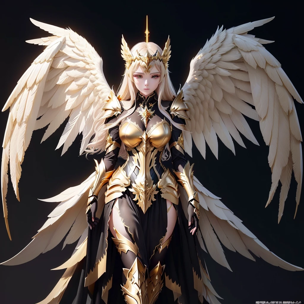 a woman in a gold and black outfit with wings, angel knight girl, angel in plastic armor, angelic golden armor, angel knight gothic girl, armor angle with wing, full - body majestic angel, as a mystical valkyrie, mystical valkyrie, anime goddess, 2. 5 d cgi anime fantasy artwork, unreal engine render + a goddess