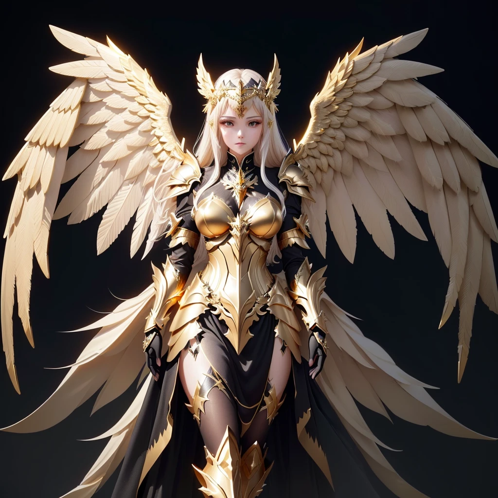 a woman in a gold and black outfit with wings, angel knight girl, angel in plastic armor, angelic golden armor, angel knight gothic girl, armor angle with wing, full - body majestic angel, as a mystical valkyrie, mystical valkyrie, anime goddess, 2. 5 d cgi anime fantasy artwork, unreal engine render + a goddess