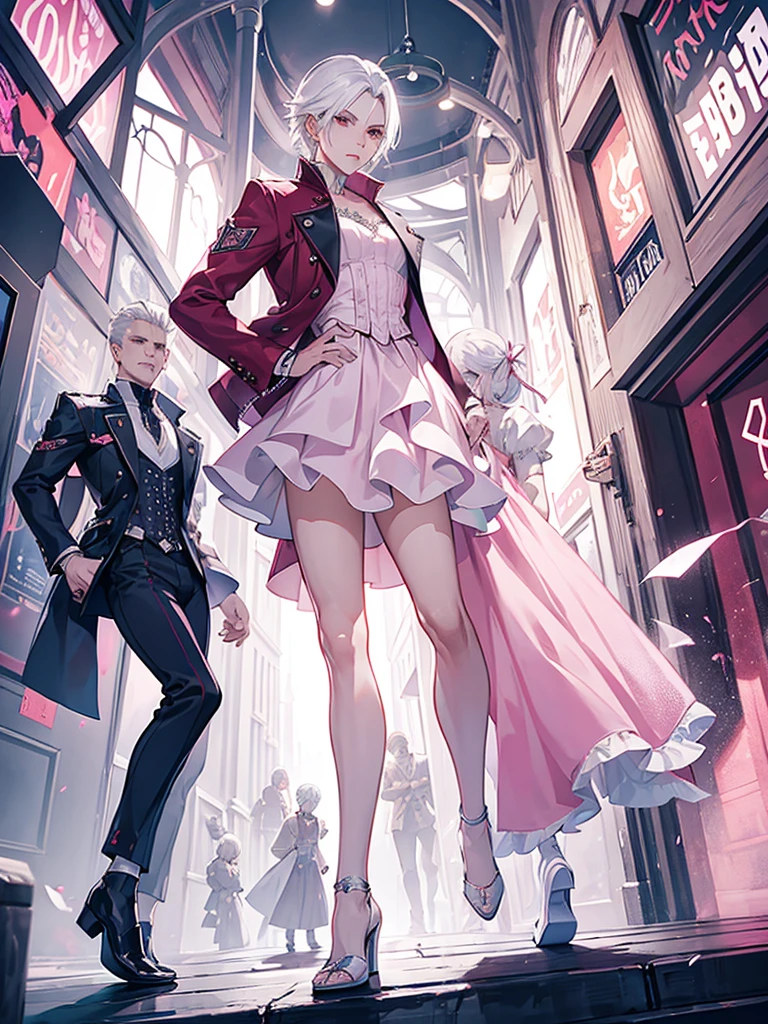 Vergil Devil may cry with white hair Wearing a pink dress Skirt And with heels man