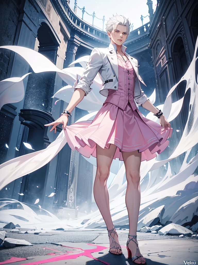 Vergil Devil may cry with white hair Wearing a pink dress Skirt And with heels man