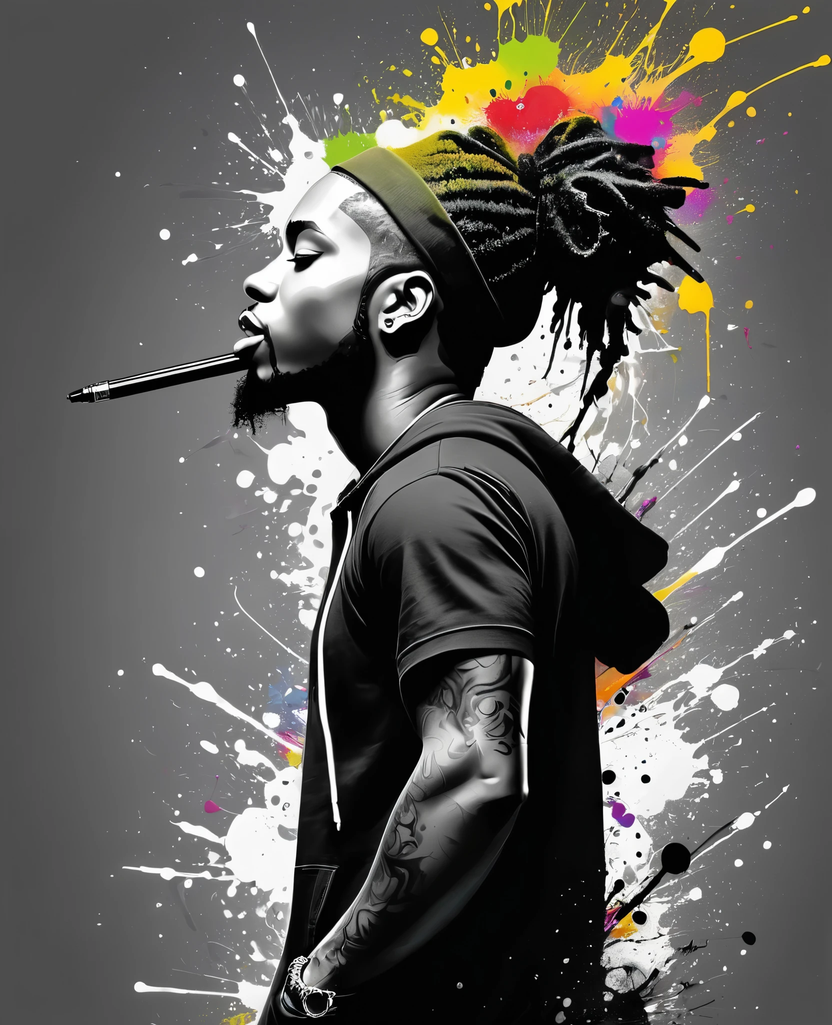 ink splashes,，In the style of Patrice Murciano , character, Ink Art, side view，In hip hop fashion design style , 