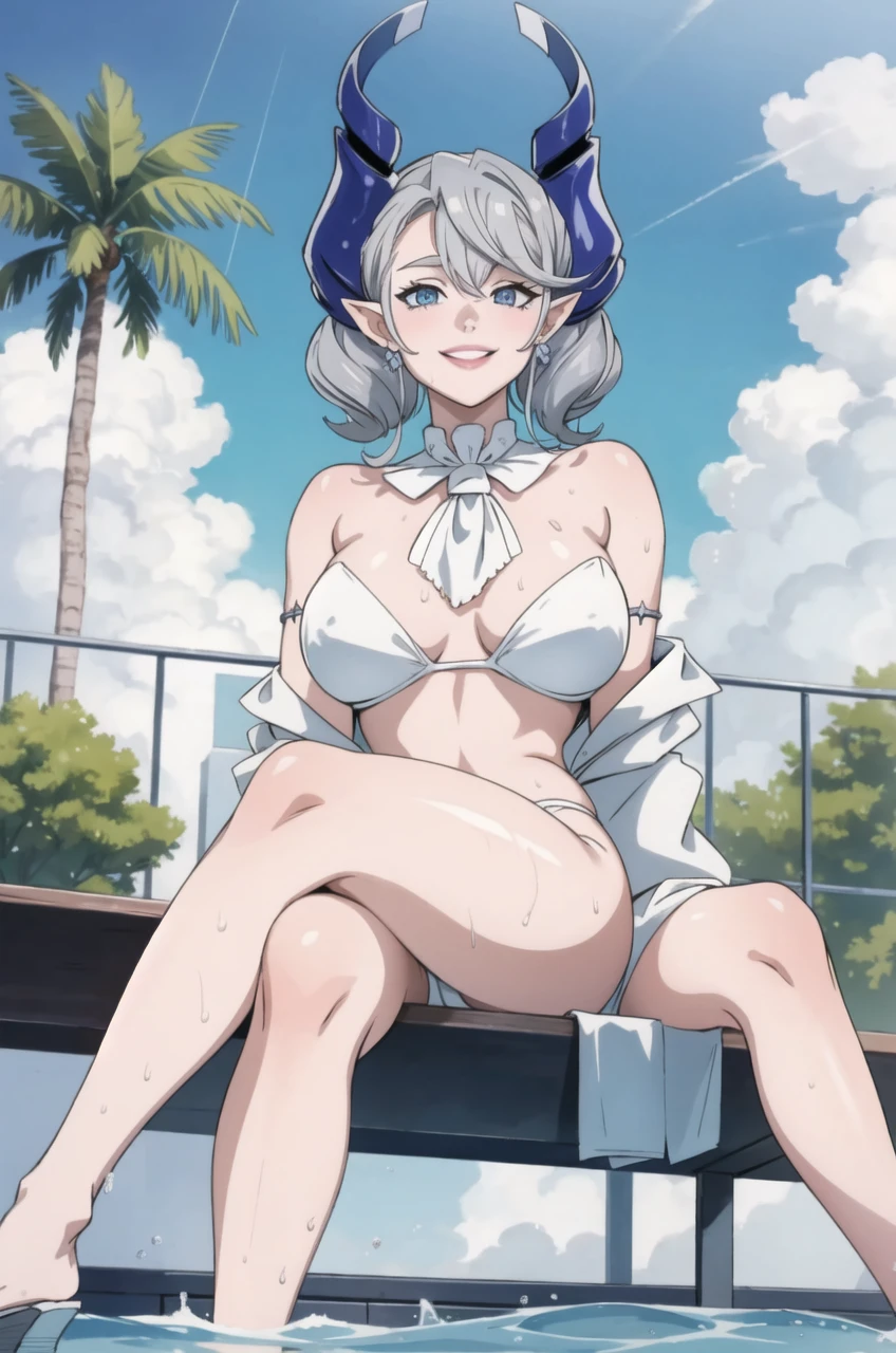 High level image quality best image quality 8K adult woman pool rain palm trees more colors white body portrait bikini horn ears short hair((shortcut)(gray hair)(perm)(fluffy)) eye color is blue , , attractive evil face , smile , sexy e , labrynth , barearm , wearing white shade shirt , sitting by the pool , crossed legs , all wet , view from below