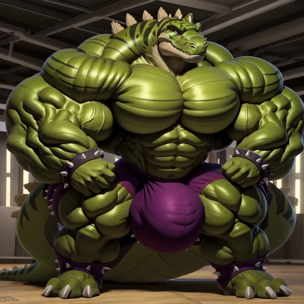 dinosaur,stegz,green skin,Scalie,male,muscular,huge muscles,pecs,abs,nostrils,hyper muscles,huge pecs,muscle growth,hyper muscle growth,scaly,spikes,(Huge bulge:1.2)