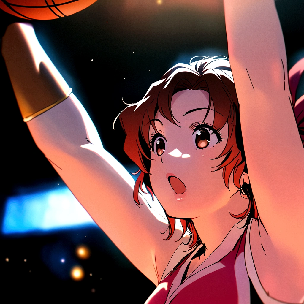Arabian asian woman in red and black uniform holding basketball, Tadashi Nakayama, chiho ashima,  mao hamaguchi, It&#39;s bittersweet,cute,Sleeveless