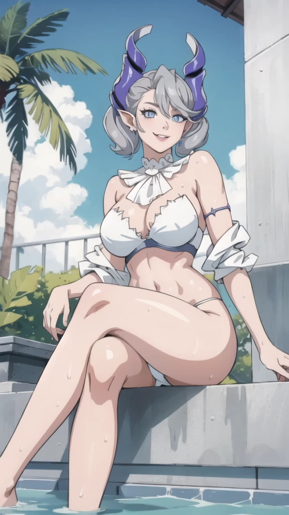 High level image quality best image quality 8K adult woman pool party rain palm trees more colors white body portrait bikini horn ears short hair((shortcut)(gray hair)(perm)(fluffy)) eye color is blue , , attractive evil face , smile , sexy pose , labrynth , barearm , wearing white shade shirt , sitting by the pool , crossed legs , all wet , view from below