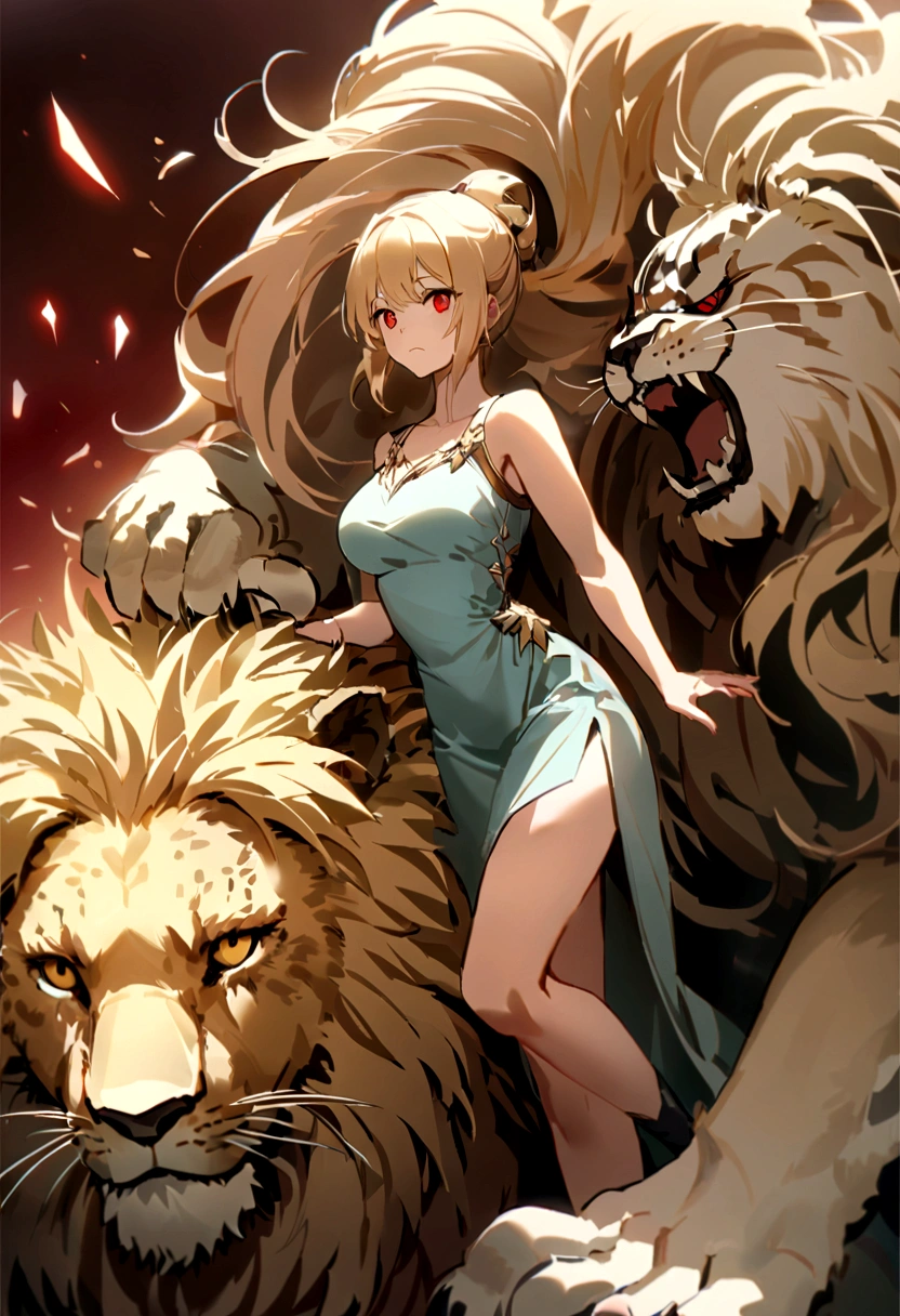 (Huang Li、high quality、Extremely detailed),Constellation - Goddess Leo,Giant lion,Woman petting a lion,Similar to Latin goodness,brave,capricious,Productivity,The face of enterprising and humanitarianism,Blonde hair,Ancient Greek costumes、Wrap Dress,The background is the ocean,Crystal red eyes(Eyes Details),Powerful appearance