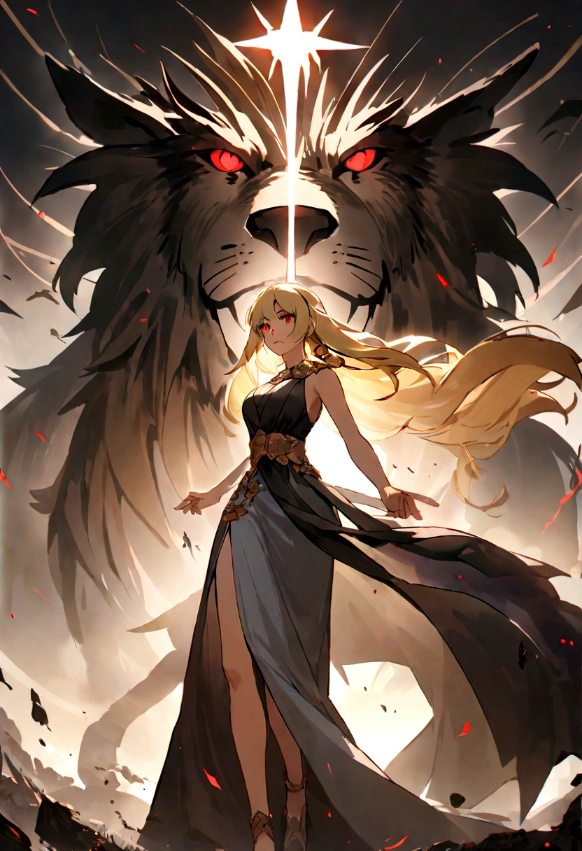 （Huang Li、high quality、Extremely detailed），Constellation - Goddess Leo，Giant lion，Woman petting a lion，Similar to Latin goodness，brave，capricious，Productivity，The face of enterprising and humanitarianism，Blonde hair，Ancient Greek costumes、Wrap Dress，The background is the ocean，Crystal red eyes（Eyes Details），Powerful appearance