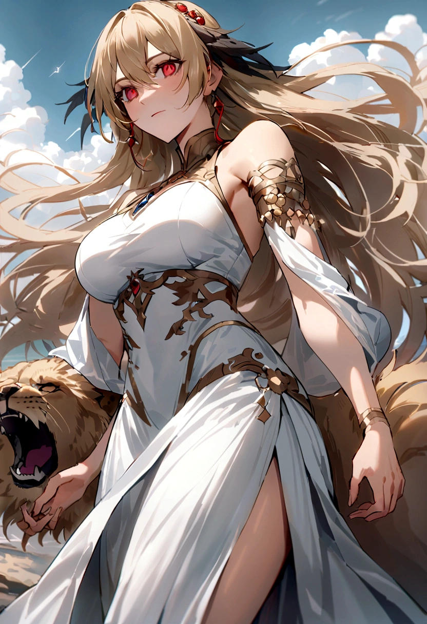A lion neko girl, holding a staff, she is Infront of a temple in the desert, she is a goddess, she is canter image, the temple is in the middle of the desert, detailed face, make the image good for a book cover