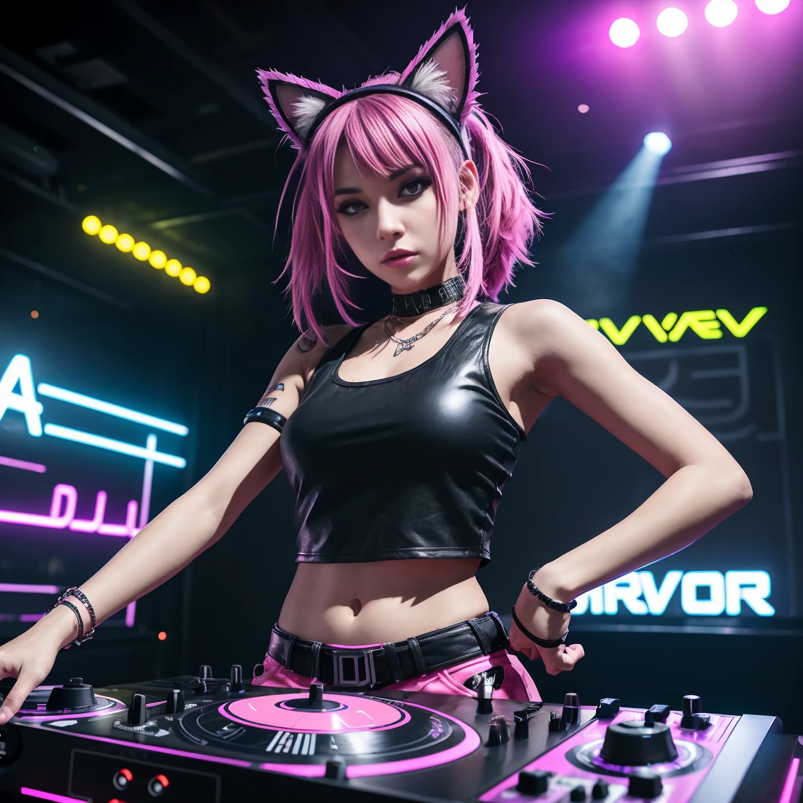 arafed woman in a black top and pink shorts playing a game of dj, cyber punk setting, raver girl, rave girl, girl with cat ears at a rave, dj rave party, dj at a , nightclub dancing inspired, playing techno house music, turntablism dj scratching, cyberpunk 2 0 y. o model girl, rave outfit, fanart