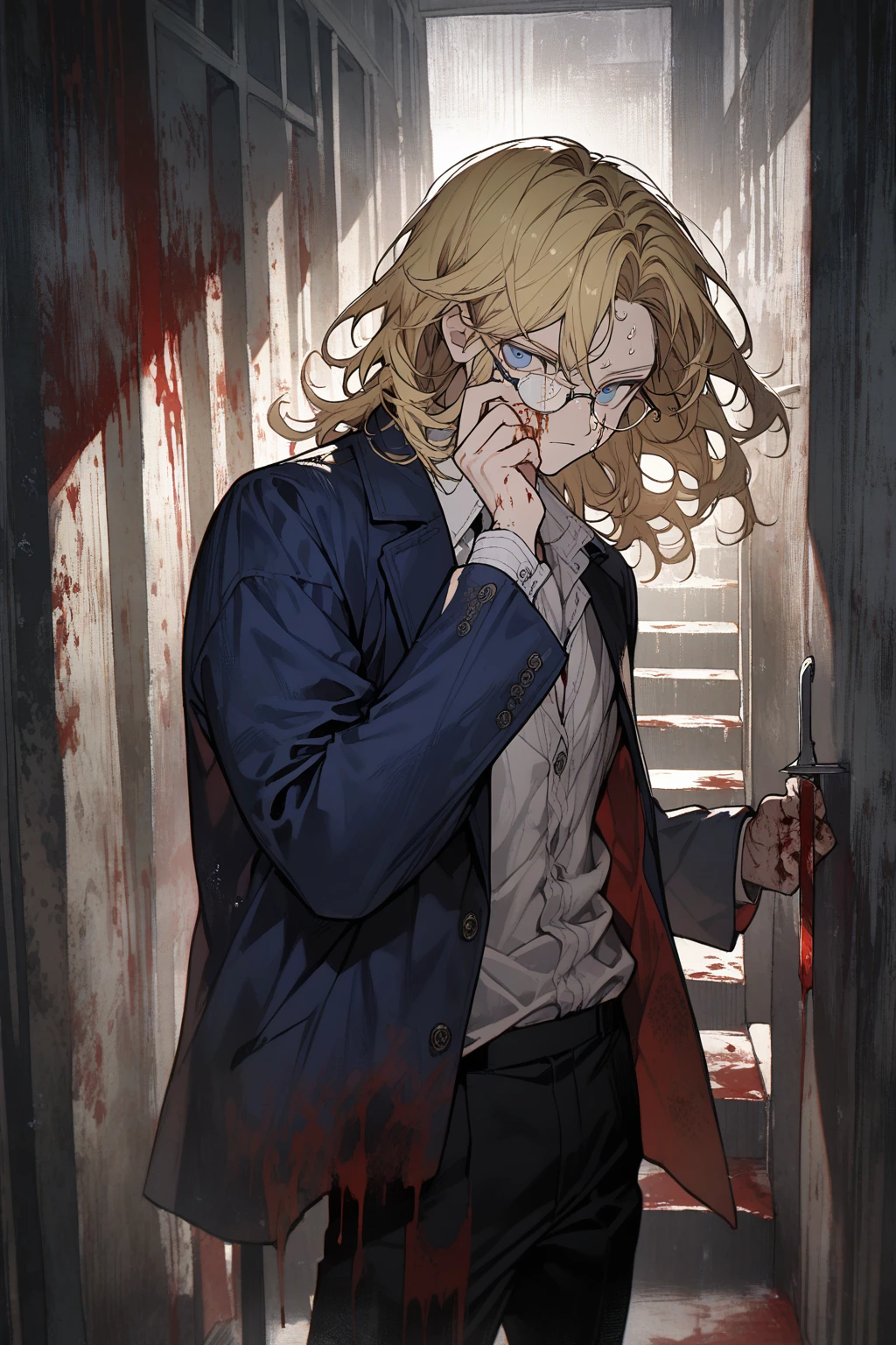 1 guy, CuteStyle, upper body, blue eyes, blond hair, shoulder-length hair, wears glasses, stands in the stairwell in the entrance, white walls, iron railing, dressed in a dark blue jacket unbuttoned and a white shirt, black pants, long sleeves, face covered in blood, sweat on his face, hands covered in blood, walls in the blood, looking at the viewer, a serious look, no smile, holding a large knife in his hand, detailed, beautiful, atmospheric, gentle tones
