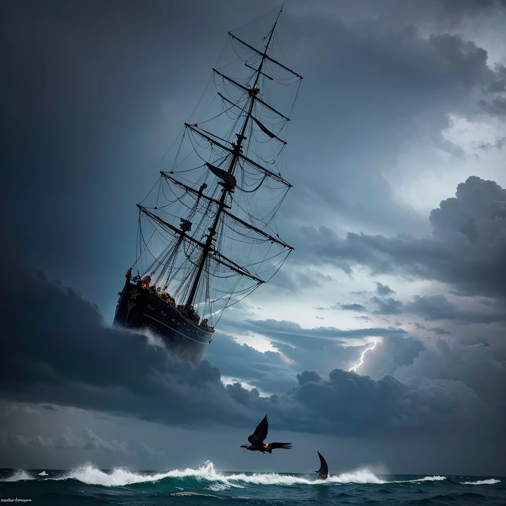 Chaiptan Jacques Sparrow is where his black bird is and his companions are struggling with the storm in the sea and it is raining and the clouds are thundering and the lightning is thundering.