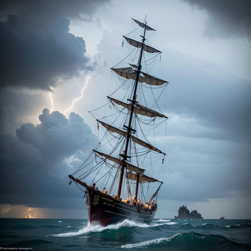 Chaiptan Jacques Sparrow is where his black bird is and his companions are struggling with the storm in the sea and it is raining and the clouds are thundering and the lightning is thundering.