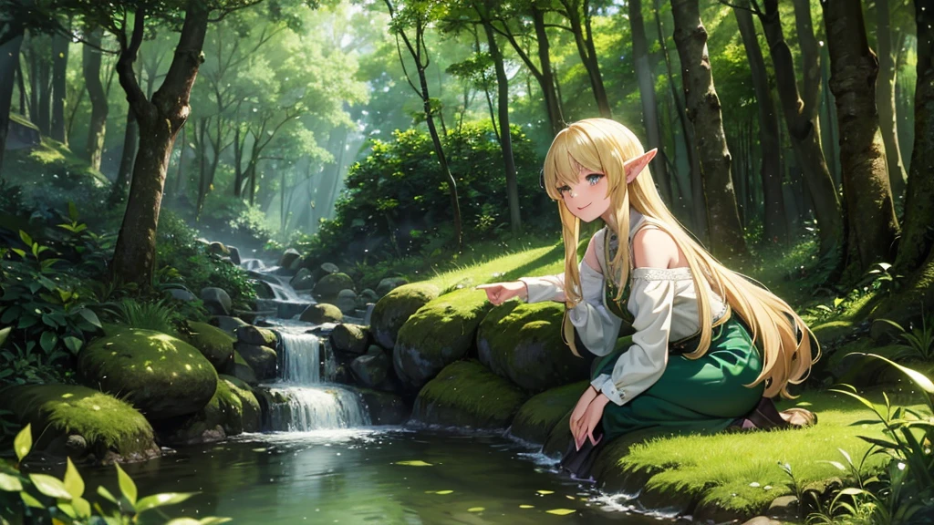 Top quality, masterpiece, 1 person, elven female, blonde, long hair, emerald gemstone eyes, Gwaiz style, beautiful dappled sunlight filtering through the trees, tranquil forest scene, cute, splashing around in a stream running through the forest, older sister, 25 years old, smiling