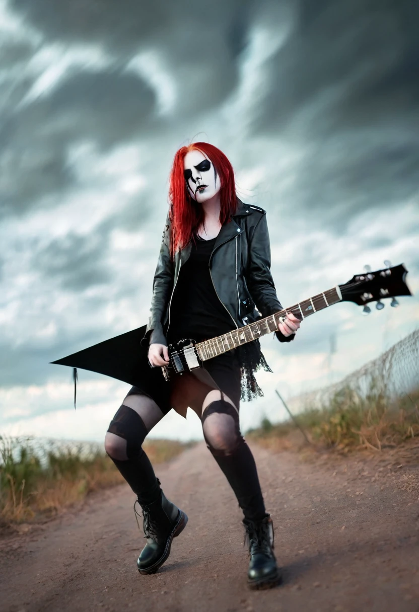 Black Metal girl, pale face, Black Metal make up, corpse paint face, red hair shoulder length, leather jacket, riding on a guitar in sky, electricity effects around her, movement blur
