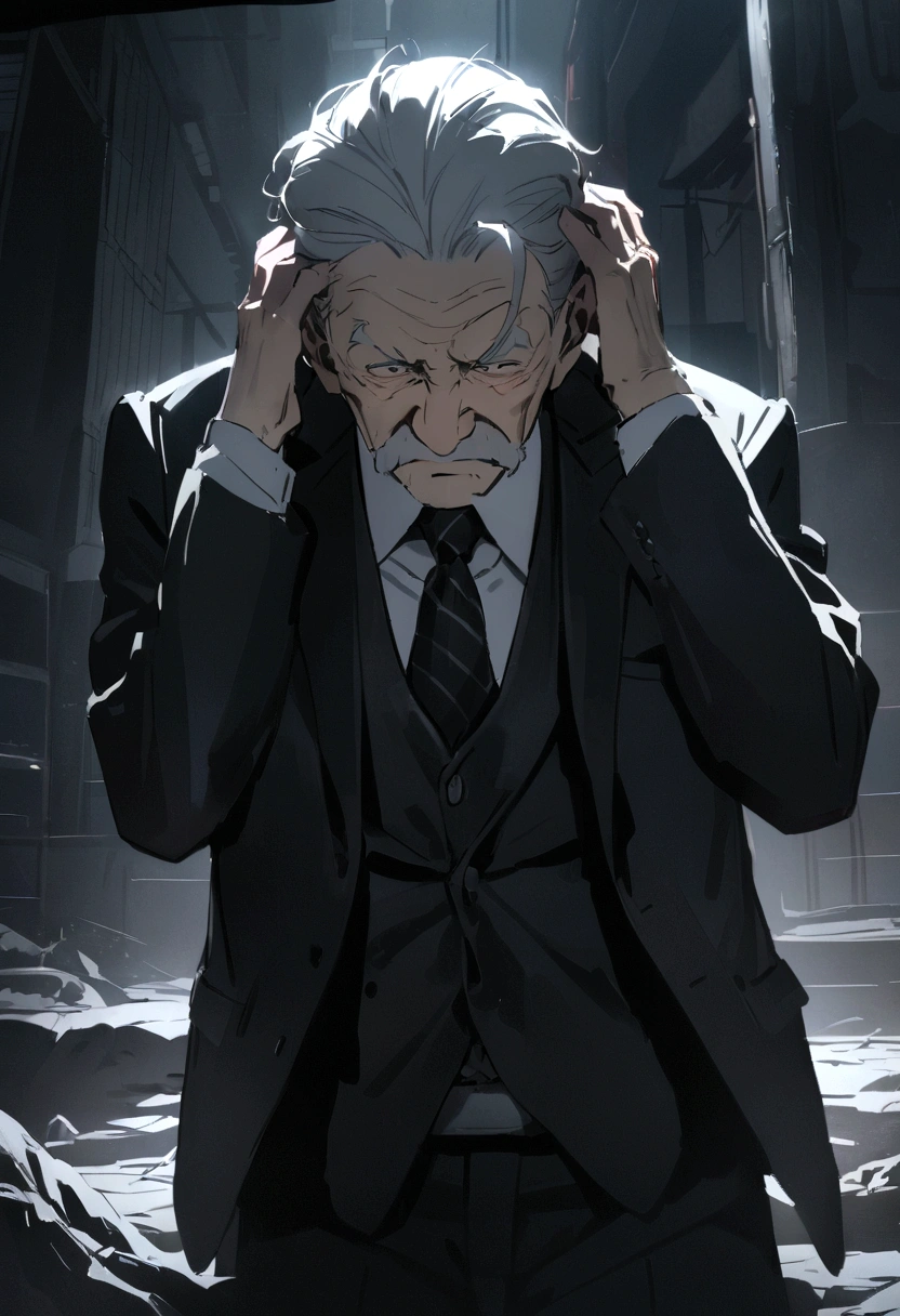 Best Quality， Masterpiece， Ultra-high resolution，A kind old man、30 years old、In a suit、I&#39;m worried、Holding his head