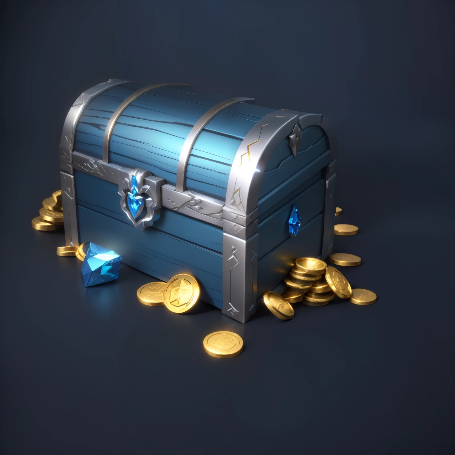 Blue wood grain treasure chest with silver metal edges,Loot Boxes, Treasure ,Gold coins and sapphires,Metallic luster,Game assets, Treasure artifact, 3d icons for mobile games,Diablo concept style,