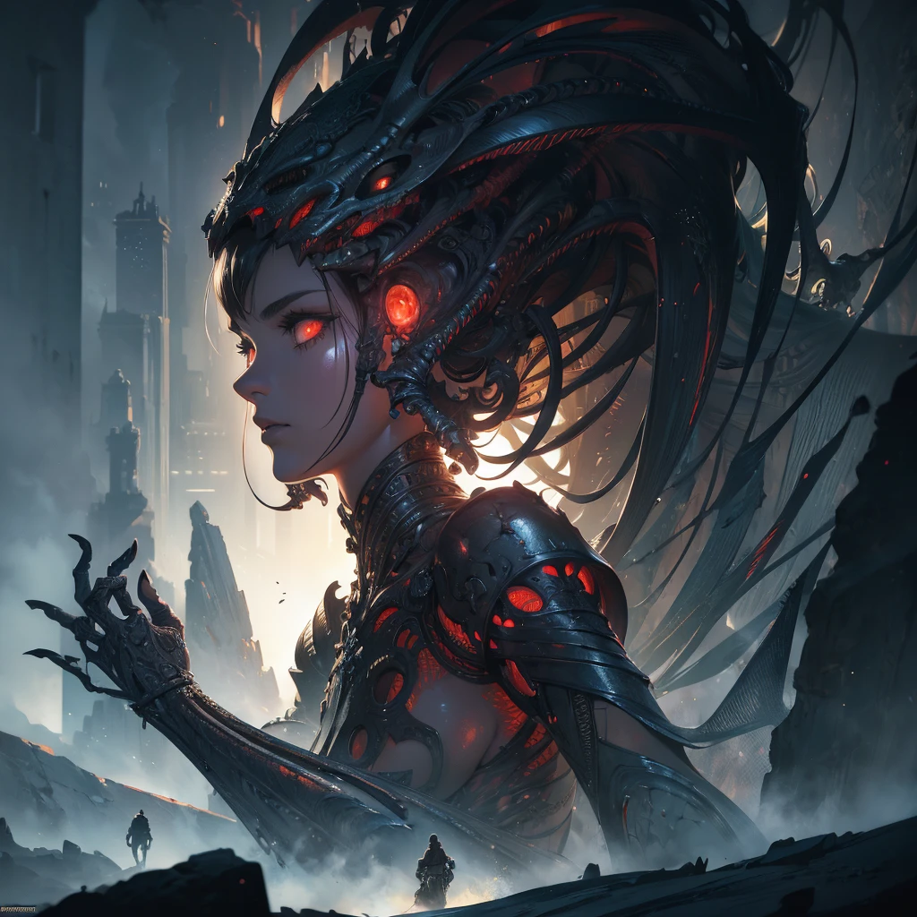 1mechanical girl,((ultra realistic details)), portrait, global illumination, shadows, octane render, 8k, ultra sharp,metal,intricate, ornaments detailed, cold colors, egypician detail, highly intricate details, realistic light, trending on cgsociety, glowing eyes, facing camera, neon details, machanical limbs,blood vessels connected to tubes,mechanical vertebra attaching to back,mechanical cervial attaching to neck,sitting,wires and cables connecting to head