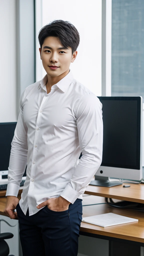A Korean man with short hair and handsome face features wearing long sleeved shirt, pants, and shoes standing in an office with masculine pose and fierce expression, facing straight to the camera, muscular build, detailed face, detailed clothes, detailed background
