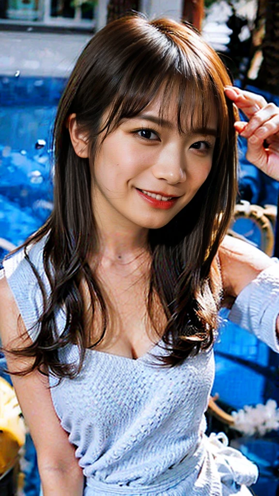 DSLR photo , a beautiful Japanese girl is smiling, wearing summer wear, she’s swimming in the beach. --s 750 --v 6.0
