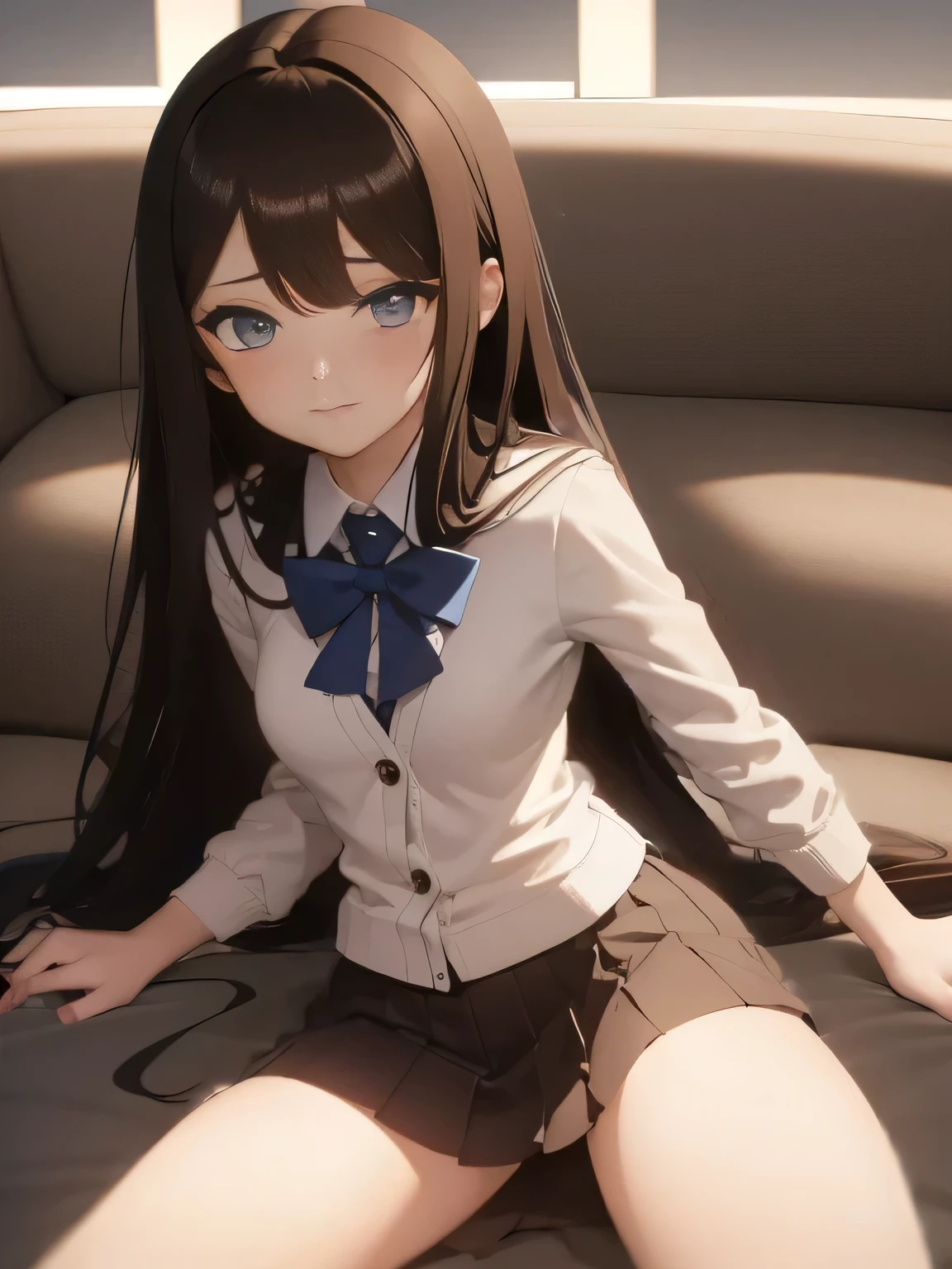 (1girl:1.3), Masterpiece, Best quality, amazing beauty, 4K, absurdres, finely detail, super detailed eye, perfect anatomy, official art, cinematic lighting, BREAK, Hospital, silky long hair, big eyes, tareme, cute eyes, Staring, fang, angry face, BREAK , small breasts, slim, fair skin, full body, BREAK , (school uniform:1.2), (Long-sleeved knit:1.2), (Cardigan:1.2), (Mini skirt:1.2), BREAK,(Brown Hair)