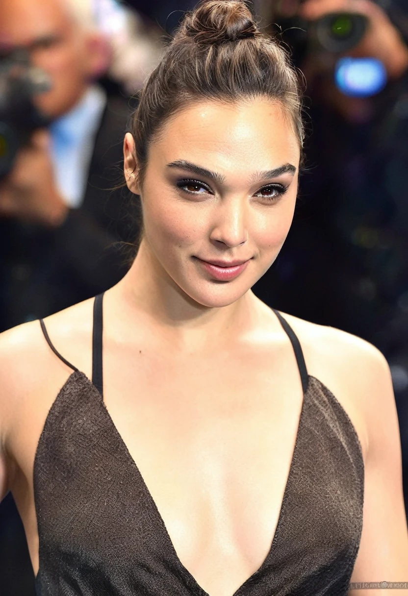 high quality Erotic paparazzi photograph of GalGadot as Hailee Steinfeld (hail33 woman, long brown hair, long brown hair pulled back, hair bun ) , random erotic photograph , she is wearing a sweaty blouse, mini blouse, warm environment , bright sun,seductive, tired woman , fit muscular woman , depth of field, insanely detailed skin texture, hyper detailed features