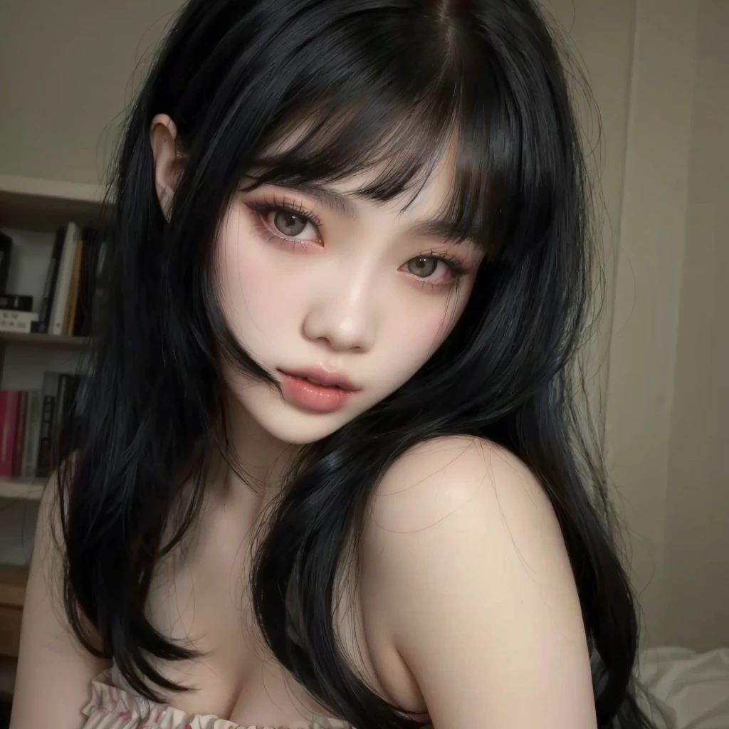 Black hair ulzzang girl with bangs, she has long black hair, young ulzzang with pale and soft face, ulzzang girl with gothic style, she is gothic, ulzzang inspirada and Jennie Blackpink