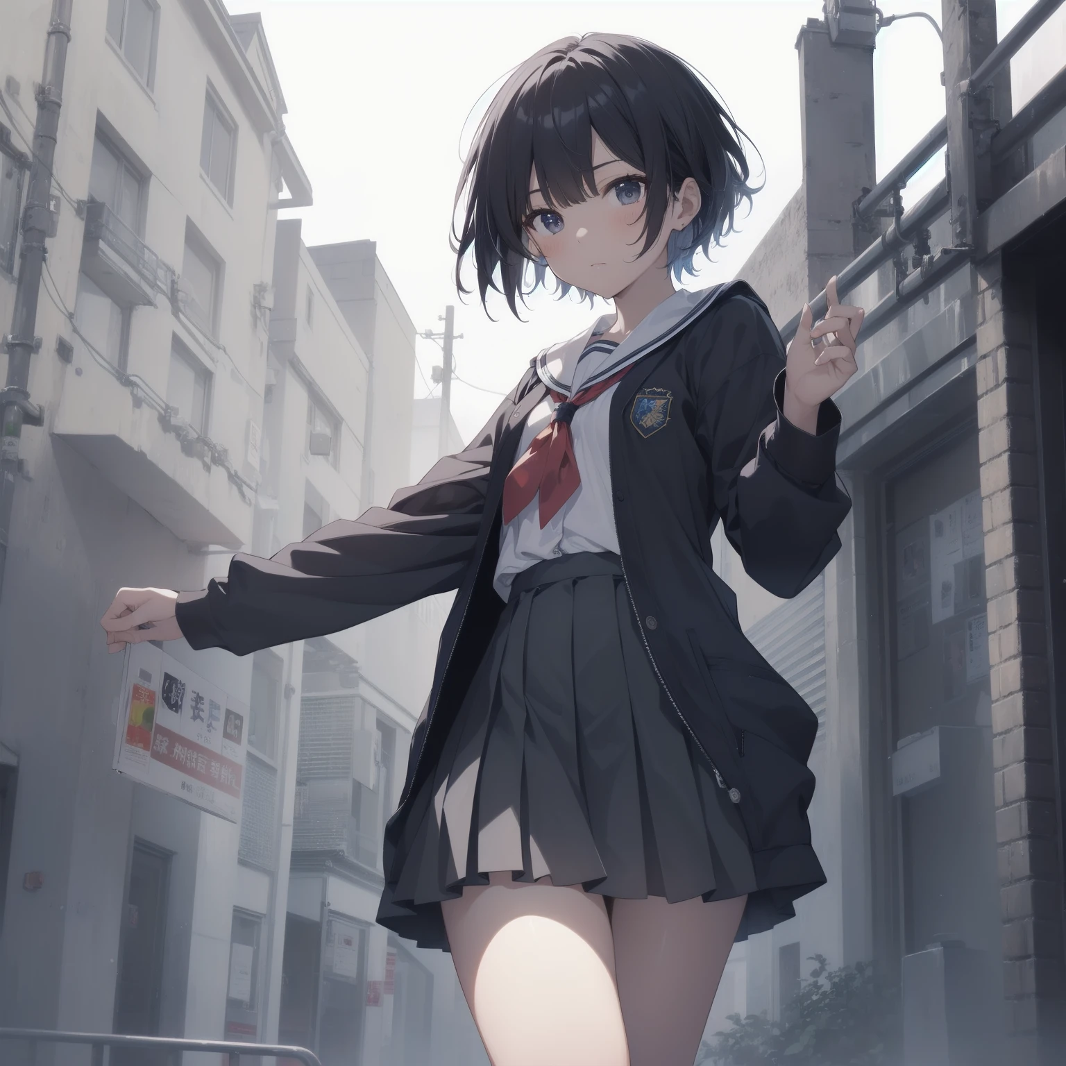 ultra-absurdres-Top quality by artist God, ultra-detailed, high resolution, anime moe artstyle, best anime 8k konachan wallpaper, pixiv contest winner, pool:2810, perfect anatomy,break, 1girl, (Please draw a girl walking sleepily to school alone. )break,(Solo,little female, 13-year-old:1.3),Full limbs, complete fingers,a junior high school student, (very short hair), short cut, flat chest, , small butt, small black eyes, beautiful detailed eyes, well-proportioned iris and pupils, expressive eyes, highres detailed hair, soft expression, salor school_uniform, sailor collar, serahuku, bow, pleated skirt,(Detailed Lighting), (Detailed background), in the School commute route. break,super detailed skin, Best cinematic lighting powered by famous artist, 8k,beauty illustration,photoshop_(medium),very aesthetic,break,((artist:takafumi )), artist:clamp ,artist:carnelian ,artist:kantoku ,