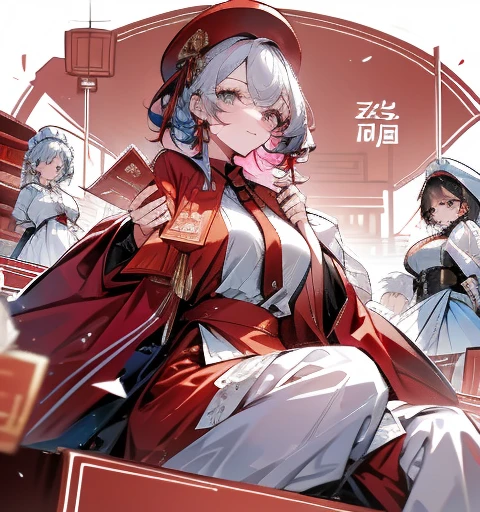 Five women in maid outfits surround a man，charming depiction，Lively and dynamic，Man handing out red envelope