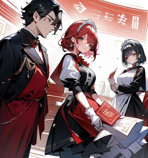 Five women in maid outfits surround a man,charming depiction,Lively and dynamic,Man handing out red envelope