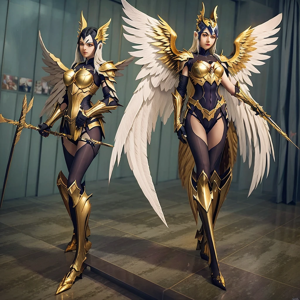 a woman in a gold and black outfit with wings, angel knight woman, angel in plastic armor, angelic golden armor, angel knight gothic woman, armor angle with wing, full - body majestic angel, as a mystical valkyrie, mystical valkyrie, anime goddess, 2. 5 d cgi anime fantasy artwork, unreal engine render + a goddess