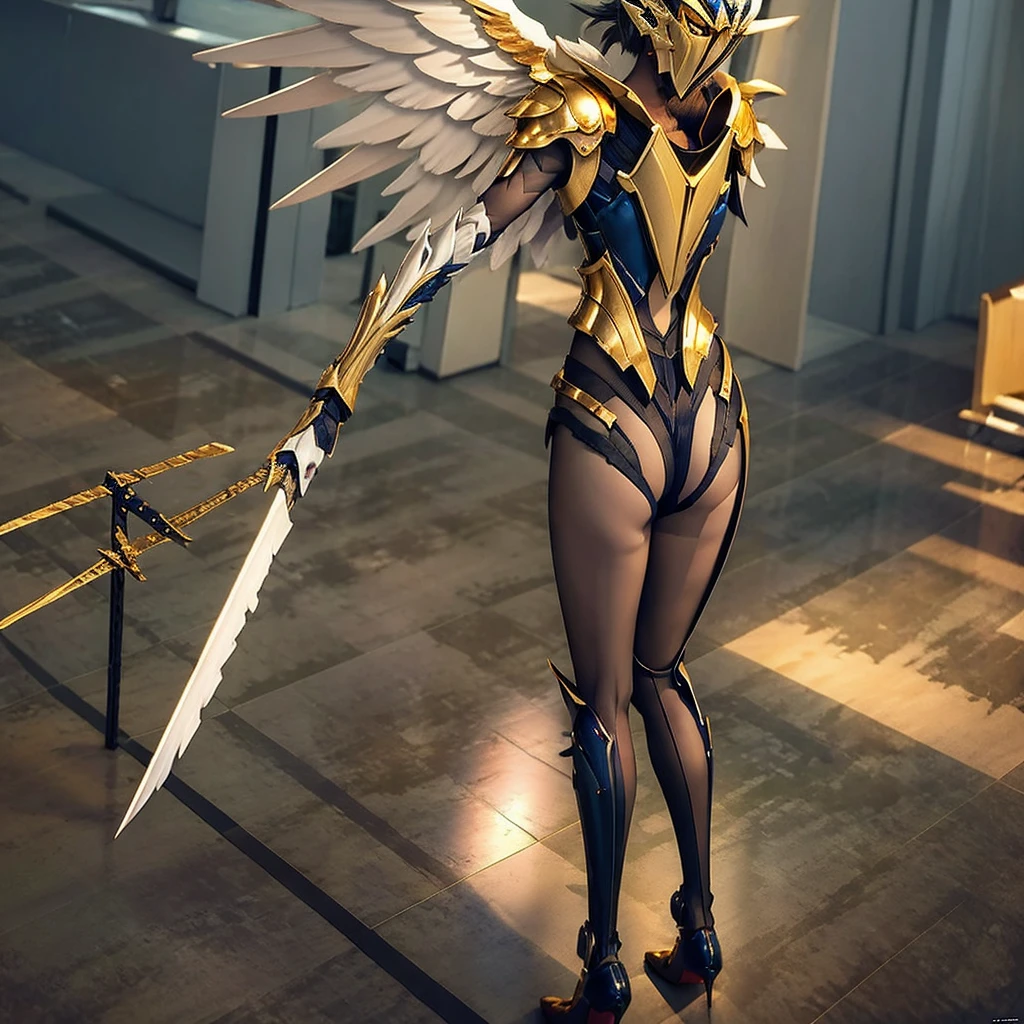 a woman in a gold and black outfit with wings, angel knight woman, angel in plastic armor, angelic golden armor, angel knight gothic woman, armor angle with wing, full - body majestic angel, as a mystical valkyrie, mystical valkyrie, anime goddess, 2. 5 d cgi anime fantasy artwork, unreal engine render + a goddess