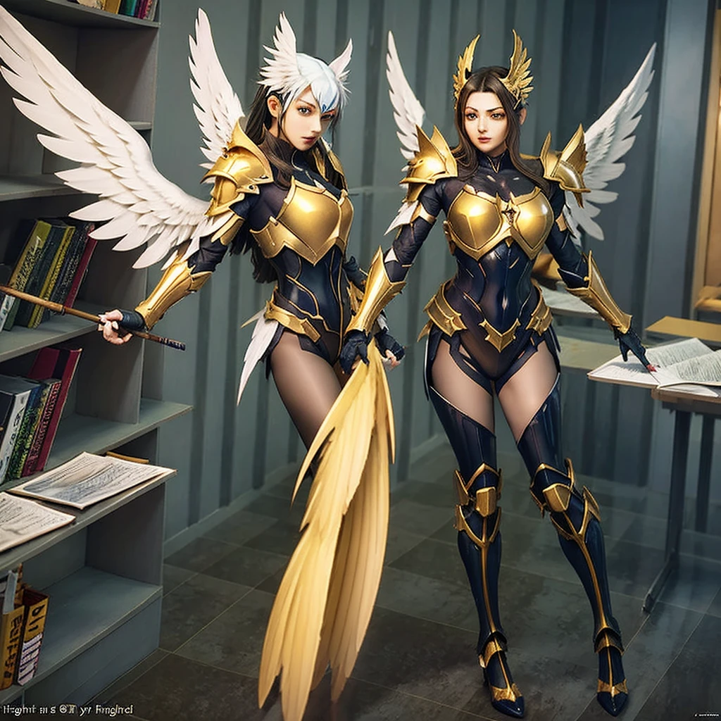 a woman in a gold and black outfit with wings, angel knight woman, angel in plastic armor, angelic golden armor, angel knight gothic woman, armor angle with wing, full - body majestic angel, as a mystical valkyrie, mystical valkyrie, anime goddess, 2. 5 d cgi anime fantasy artwork, unreal engine render + a goddess