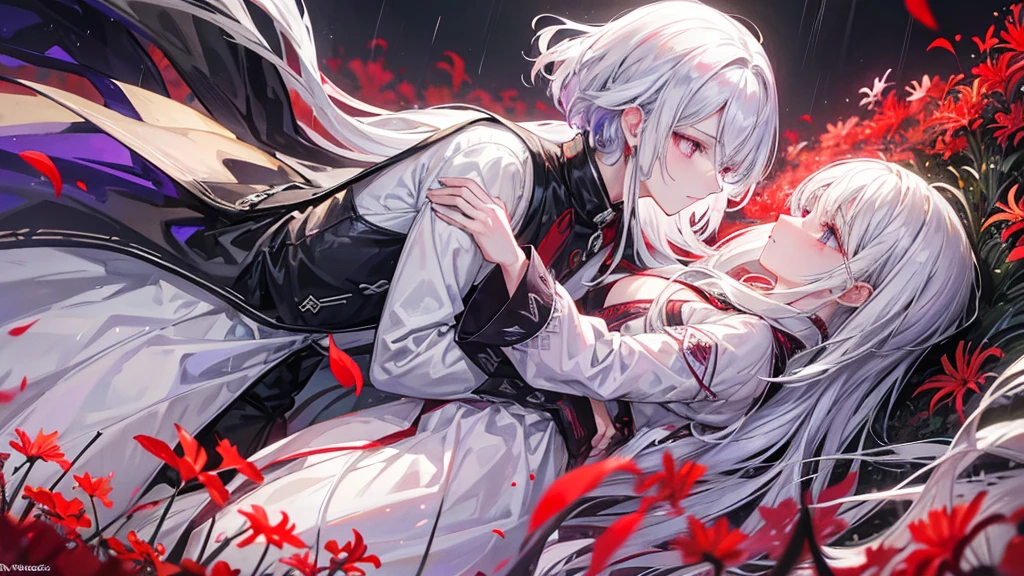 A beautiful white-haired woman with purple eyes、A young man with dark hair and burning crimson eyes. The two of them faced each other in the middle of a field of red spider lilies shining in the night. The romantic atmosphere of heavy rain is like an anime scene.