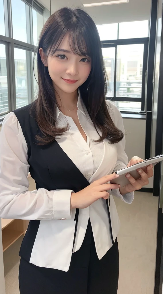:"In a stylish office、A beautiful female staff member in professional attire greets visitors with a smile and provides them with guidance.。She was wearing an elegant suit、I open my arms。In the background、Bright and modern office interior with spacious space.、Natural light shines in through large windows。Her attitude is confident、Create a friendly atmosphere for tourists。"