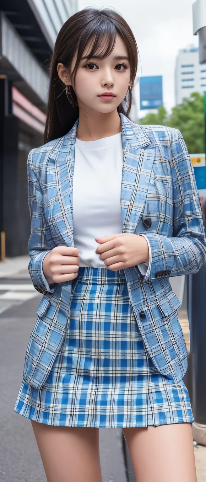 face portrait, woman, collared shirt,wearing blue jacket, open jacket, long sleeves, grey skirt <lora:bbhollyyv3:1> bbhollyy,