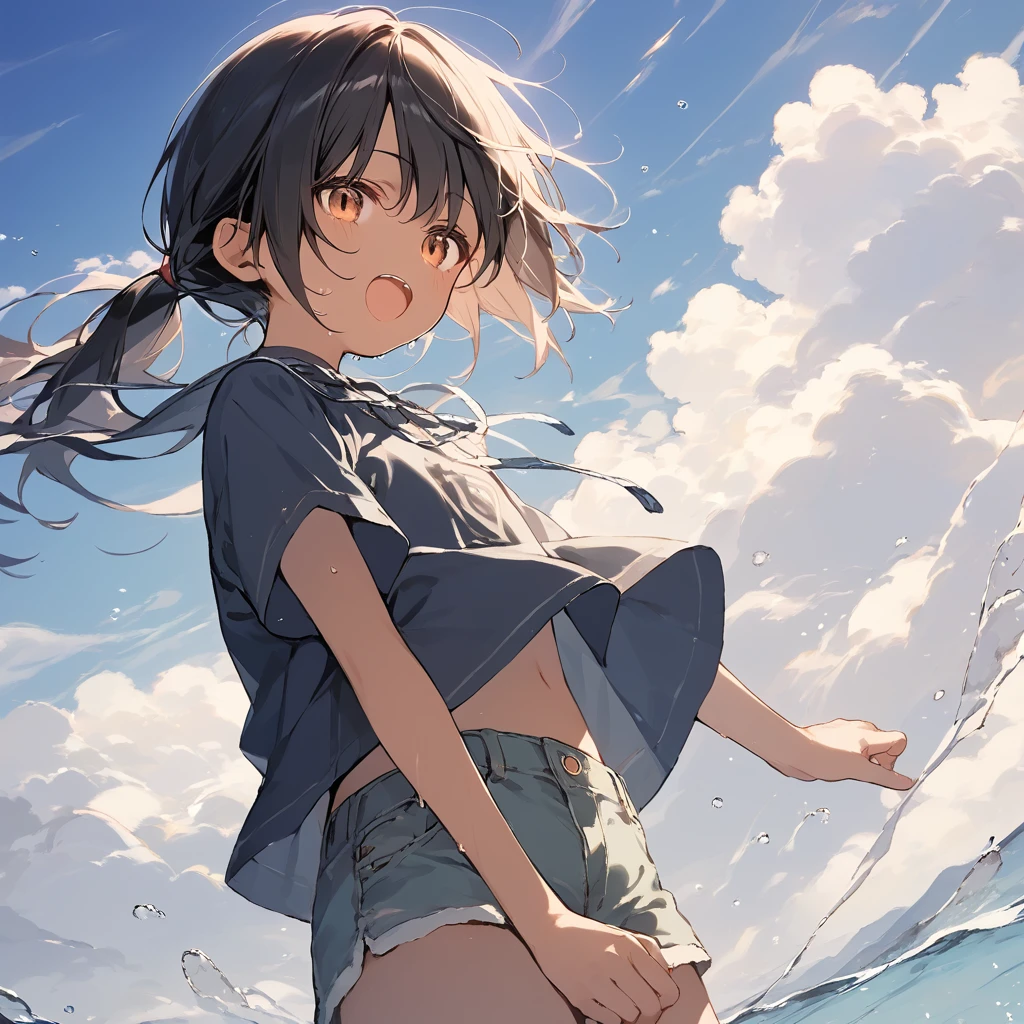 score_9, score_8_up, score_7_up, source_anime, best quality, masterpiece, official art, absurdres, highres, ultra-detailed,waifu2x,Collection: Slice of Life,break,1girl, tomboy, dark-skinned female, short hair, low ponytail, flat chest, beautiful detailed eyes, short shorts, sweat, open mouth, (yawn:0.3), sleepily, outdoors, wind, break,(clear line illustration:1.2),very high resolution, very aesthetic, super detailed skin, Best sexual lighting powered by famous artist, 8k,cute picture,beauty illustration,photoshop_(medium),,(Detailed Lighting),best anime 8k konachan wallpaper, pixiv contest winner,
