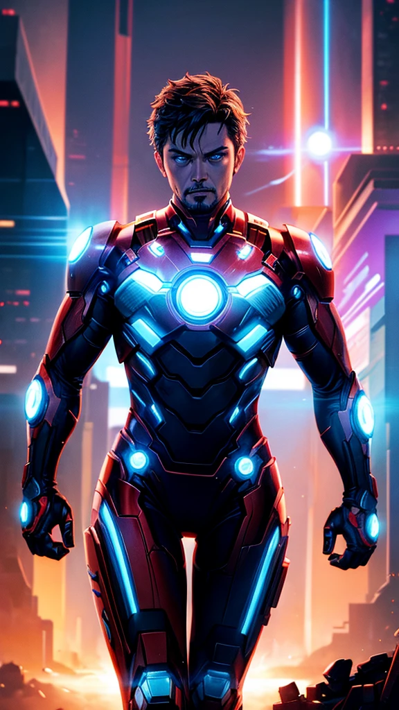 gloom portrait of Ironman as Tron from Marvel, extremely detailed, futuristic cityscape, nighttime, glowing neon lights, smoke, sparks, metal shavings, flying debris, blue energy effects, volumetric light,