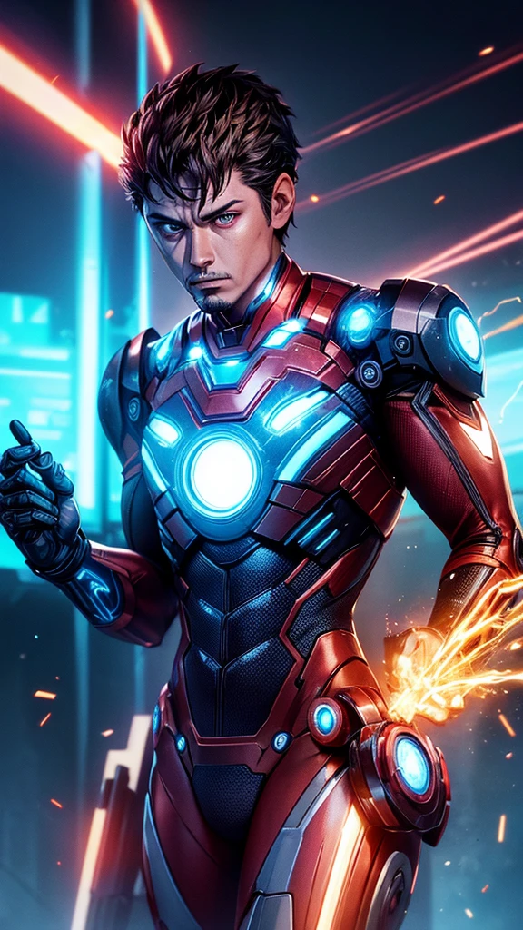 gloom portrait of Ironman as Tron from Marvel, extremely detailed, futuristic cityscape, nighttime, glowing neon lights, smoke, sparks, metal shavings, flying debris, blue energy effects, volumetric light, 