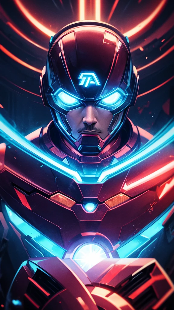 gloom portrait of Ironman as Tron from Marvel, extremely detailed, futuristic cityscape, nighttime, glowing neon lights, smoke, sparks, metal shavings, flying debris, blue energy effects, volumetric light,