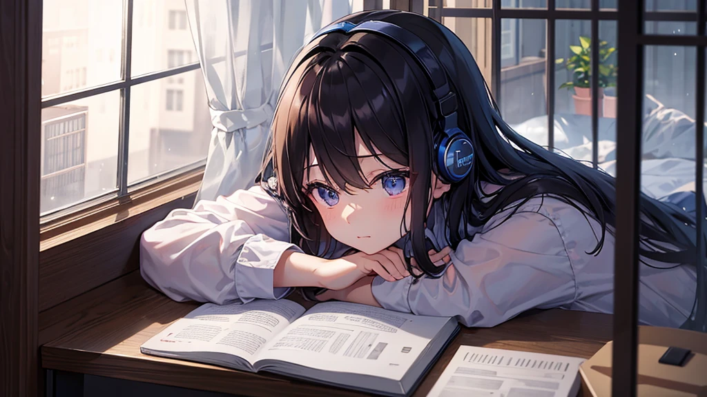 Midnight、Inside the room、Rain outside the window、Young girl、Wearing headphones、Concentrate and study at your desk、Notebook on desk、coffee、smartphone、There is only a small light from the desk in the room.、Side view