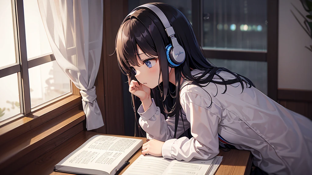 Midnight、Inside the room、Rain outside the window、Young girl、Wearing headphones、Concentrate and study at your desk、Notebook on desk、coffee、smartphone、There is only a small light from the desk in the room.、Side view