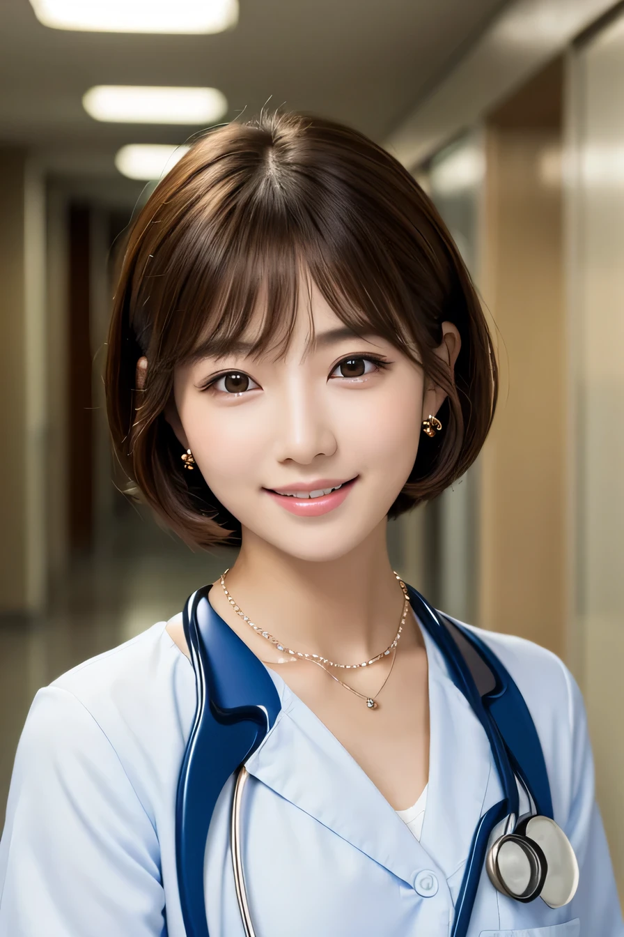 Beautiful young woman、 Korean women、Brown Hair、Necklace around the neck、White、Stethoscope、Short Haircut、smile、Open your mouth a little、Intricate details, Very detailed:1.2), 、 Looking into the camera,The background is the corridor of the hospital.、ear piercing
