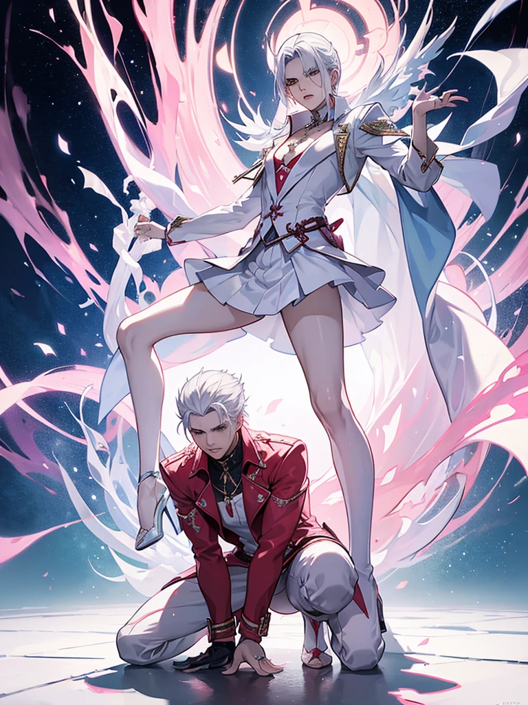 Vergil Devil may cry with white hair Wearing a pink dress Skirt And with heels  man On his knees On his knees