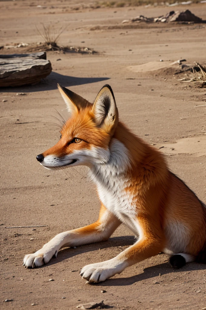 The fox sitting on the ground with a head bump after a great fall