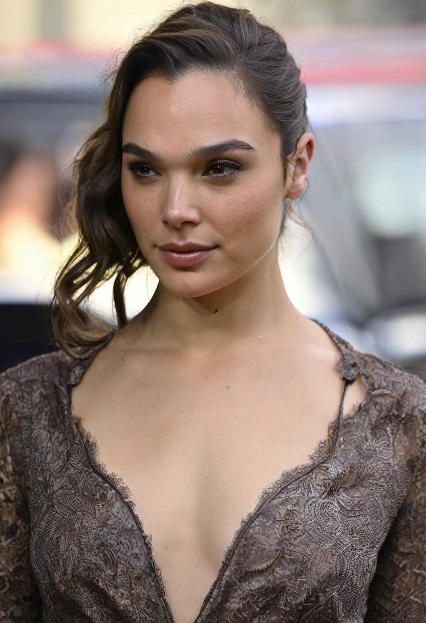  high quality  Erotic paparazzi photograph  of GalGadot as Hailee Steinfeld (hail33 woman, long brown hair, long brown hair pulled back, hair bun ) , random erotic photograph , she is wearing a sweaty blouse, mini blouse, warm environment , bright sun,seductive, tired woman , fit muscular woman  ,  depth of field, insanely detailed skin texture, hyper detailed features 