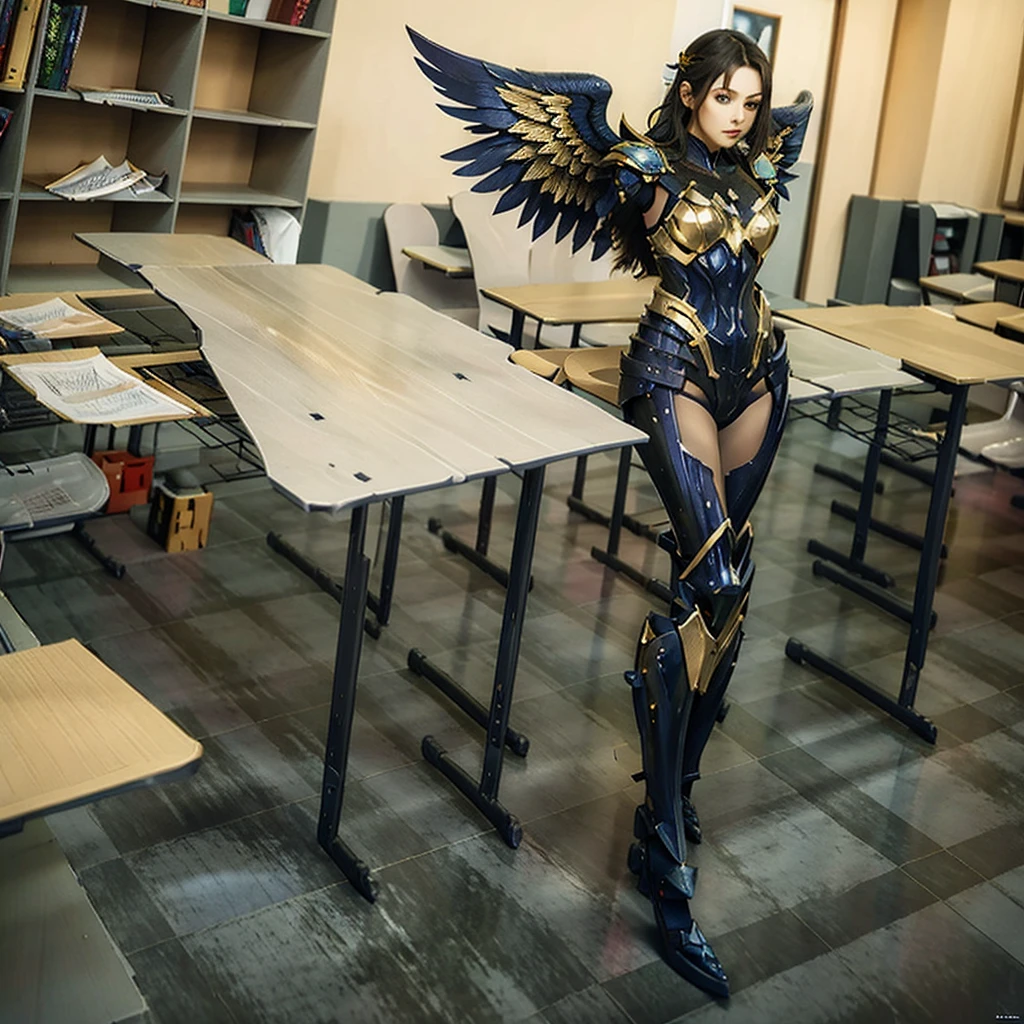 a woman in a gold and black outfit with wings, angel knight woman, angel in plastic armor, angelic golden armor, angel knight gothic woman, armor angle with wing, full - body majestic angel, as a mystical valkyrie, mystical valkyrie, anime goddess, 2. 5 d cgi anime fantasy artwork, unreal engine render + a goddess