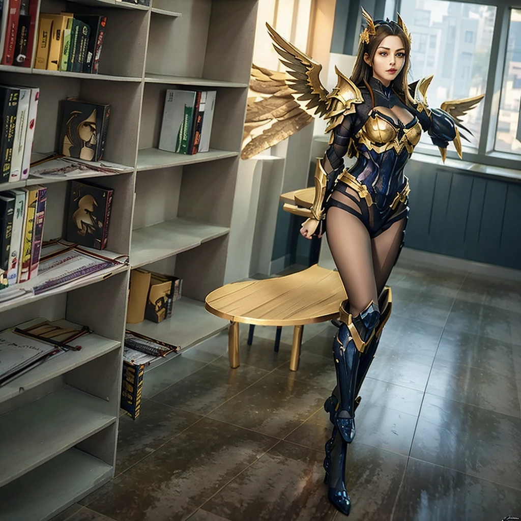 a woman in a gold and black outfit with wings, angel knight woman, angel in plastic armor, angelic golden armor, angel knight gothic woman, armor angle with wing, full - body majestic angel, as a mystical valkyrie, mystical valkyrie, anime goddess, 2. 5 d cgi anime fantasy artwork, unreal engine render + a goddess