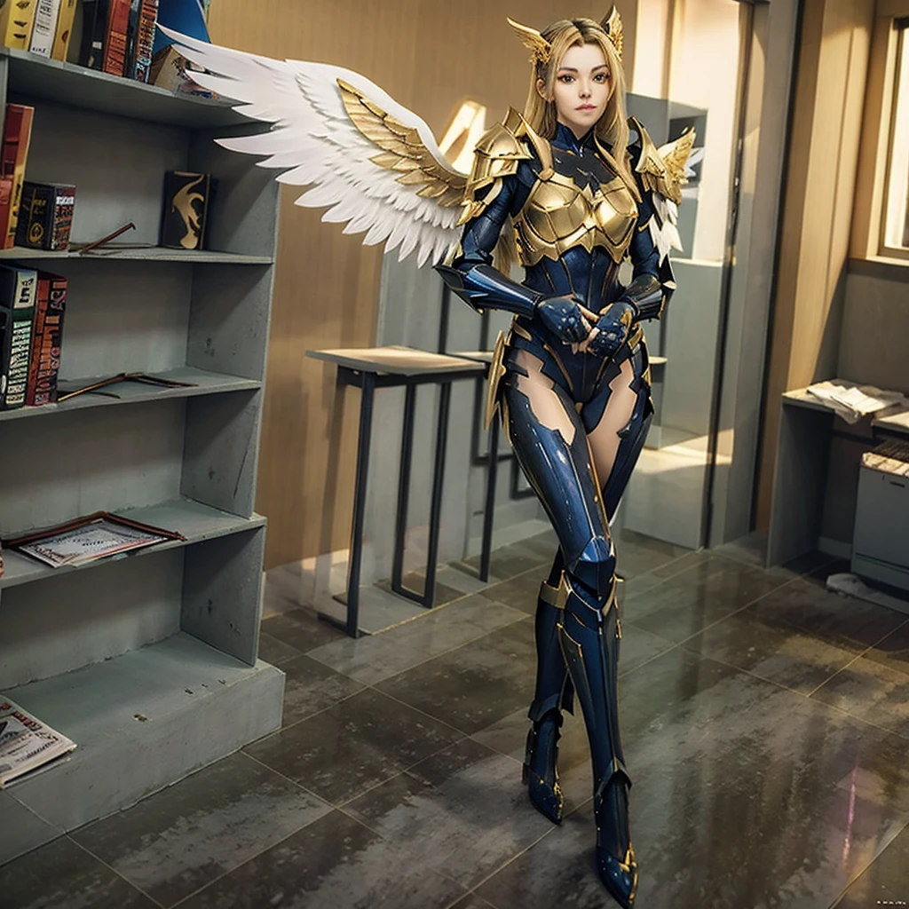 a woman in a gold and black outfit with wings, angel knight woman, angel in plastic armor, angelic golden armor, angel knight gothic woman, armor angle with wing, full - body majestic angel, as a mystical valkyrie, mystical valkyrie, anime goddess, 2. 5 d cgi anime fantasy artwork, unreal engine render + a goddess